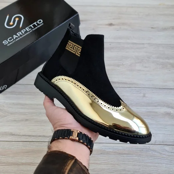 Scarpetto | Shoes | Black Gold Chelsea Boots Greek Pattern  display picture 1